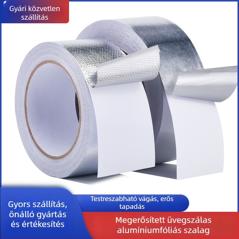 Nagy hőmérsékletű vízcső javításához készült alumíniumfólia szalag, vízbázisú ragasztóval, 10/20 m hosszú, 3/5 cm széles, papírtokkal