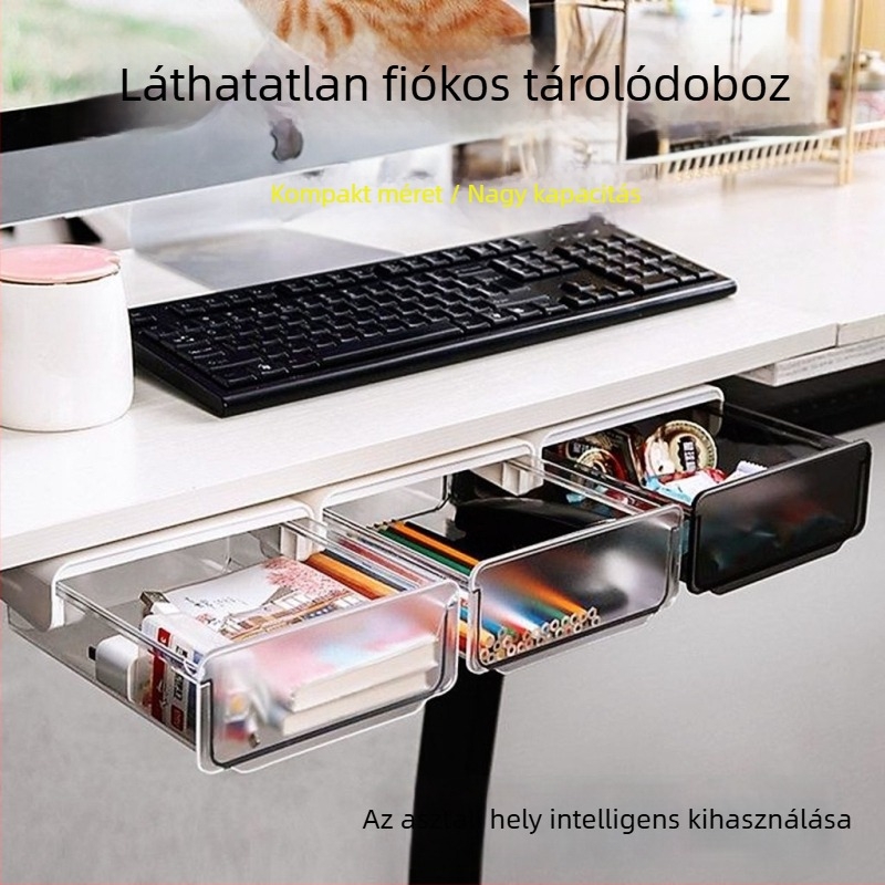 Íróasztal alatti rejtett rekeszes tároló, íróasztalhoz illő könyvespolc-szervező papír- és kozmetikai kellékek, tollak számára