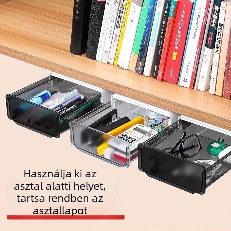 Íróasztal alatti rejtett rekeszes tároló, íróasztalhoz illő könyvespolc-szervező papír- és kozmetikai kellékek, tollak számára