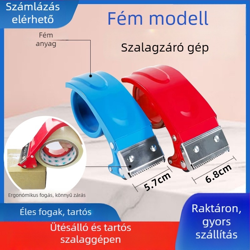 Ragasztószalag-vágó és adagoló készülék – vasból készült test, 170 g, ragasztószalag szélesség 40–65 mm, termékkód 01, egyedi logó nyomtatás elérhető