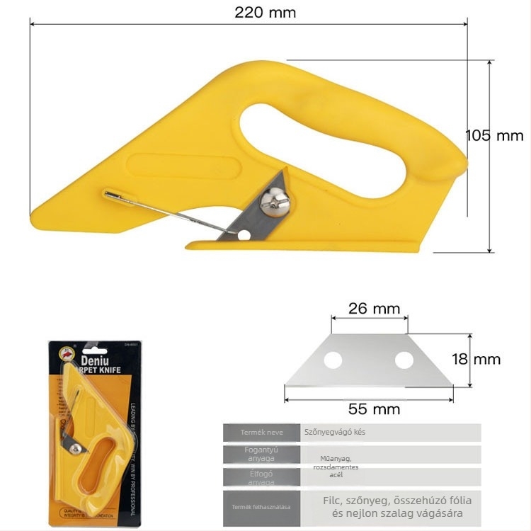 Deniu 8001 szőnyeg- és tapéta vágó kés — magas széntartalmú acél + műanyag, penge 0.3×18×55 mm, tömeg 150 g