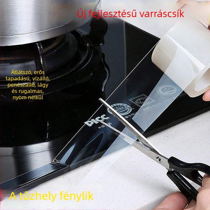Átlátszó konyha–fürdőszobai anti-mildew szalag, magas viszkozitású, egyoldalas, akril alapú ragasztóval, élek lezárása nyom nélkül