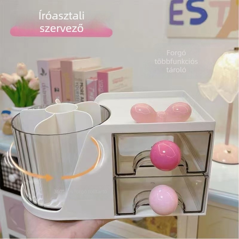 Asztali forgó sminkecset tároló és kozmetikai tároló – akril, modern minimalista dizájn, szervezés