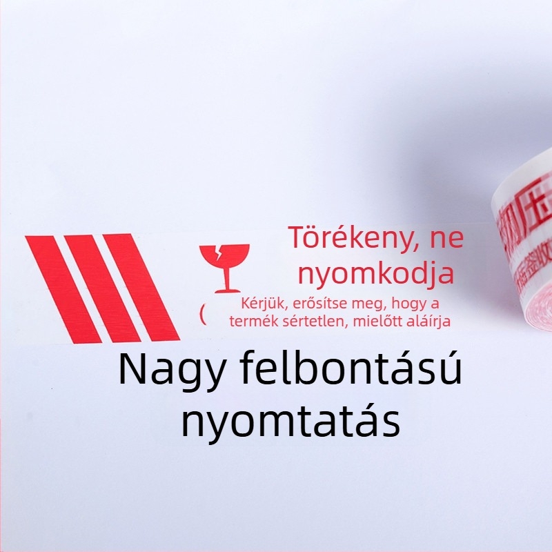 Fragile figyelmeztető csomagoló szalag, BOPP film, 52 µm vastagság, víz-alapú nyomásérzékeny ragasztó, 1 tekercs, záráshoz és csomagoláshoz