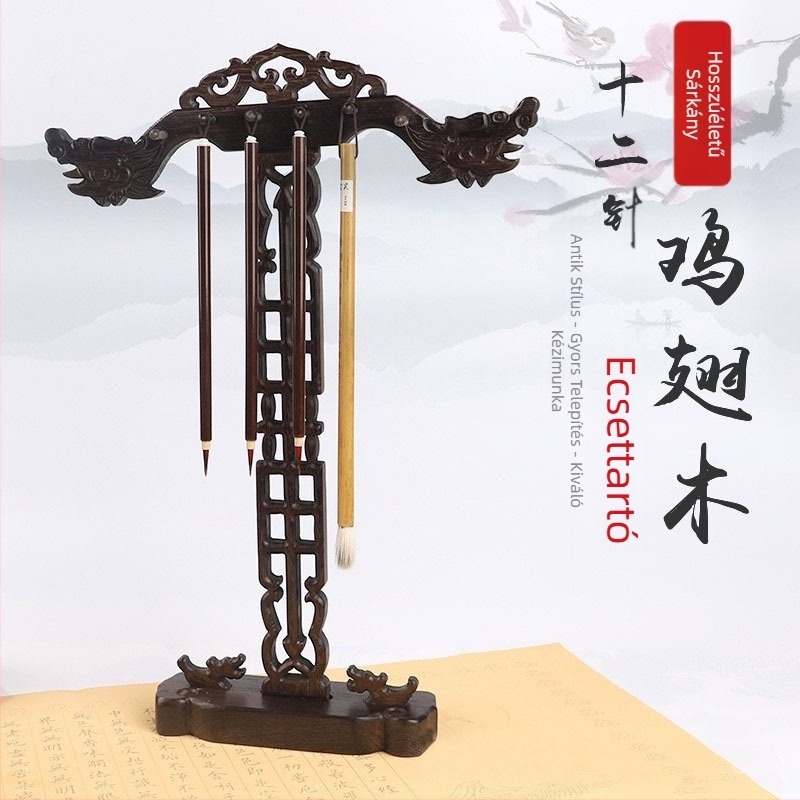 Ecsettartó és tollakasztó – Anyag: Chicken Wing Wood, Modell: Longevity Dragon Double Phoenix Disc, Kaligráfiához