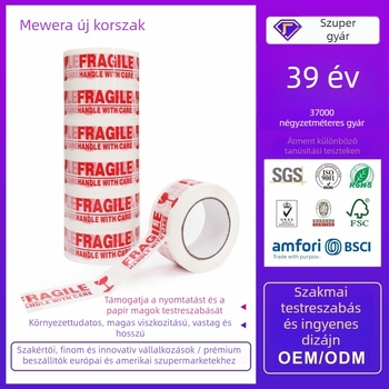 Sérülékeny figyelmeztető szalag, 50 μm BOPP film, magas viszkozitású, vízbázisú ragasztó, záráshoz és csomagoláshoz