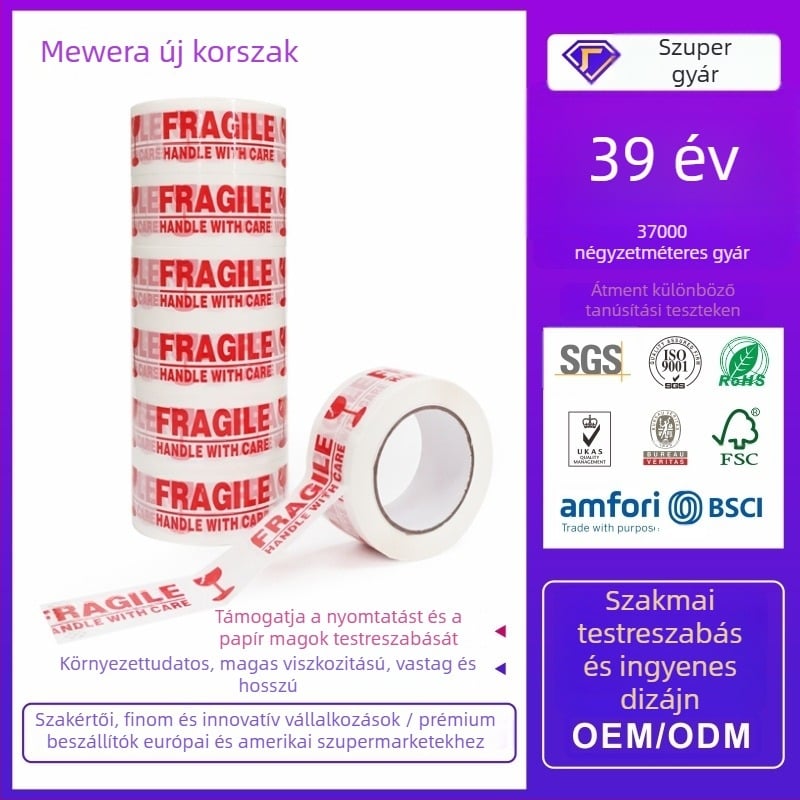 Sérülékeny figyelmeztető szalag, 50 μm BOPP film, magas viszkozitású, vízbázisú ragasztó, záráshoz és csomagoláshoz