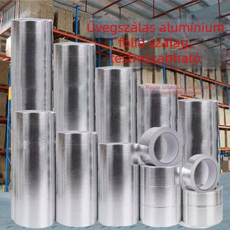 Üvegszálas alumíniumfóliás szalag gumiszintű ragasztóval, magas hőmérséklet-álló, tűzálló, 0,15 mm vastagság