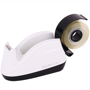 Deli 808 szalag tartó és vágó, hordozható asztali tömítő eszköz (Modell: 808; Anyag: ABS+cement; Szalag szélességig 18 mm-ig alkalmas; Alkalmazás: zárás és csomagolás)