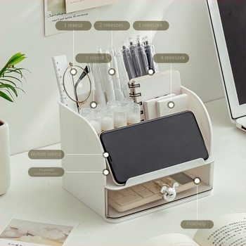 Asztali tároló doboz kihúzható fiókkal és osztókkal, műanyag (PP), 12 L kapacitás