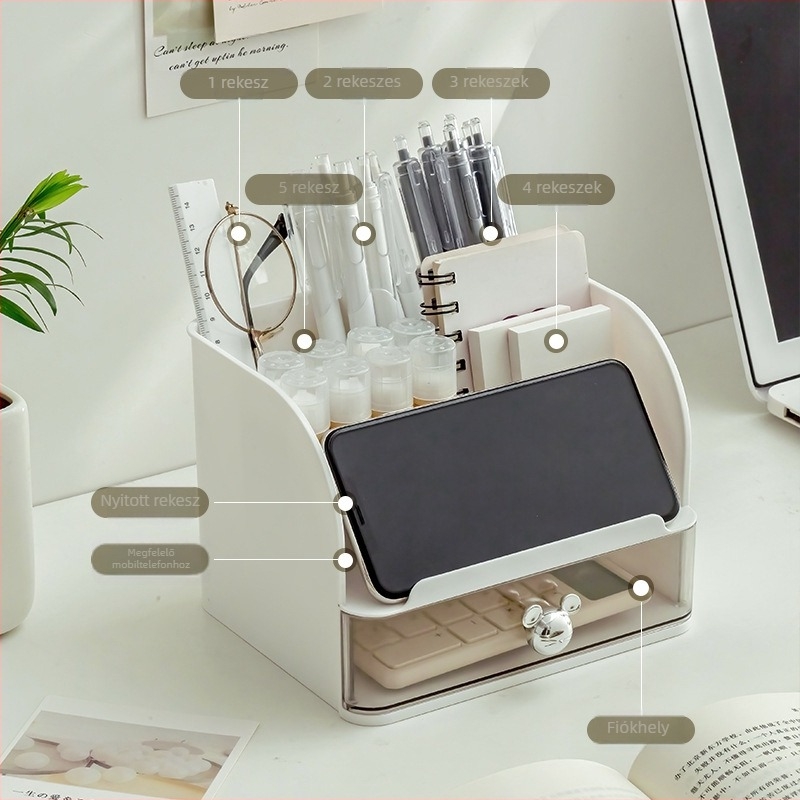 Asztali tároló doboz kihúzható fiókkal és osztókkal, műanyag (PP), 12 L kapacitás