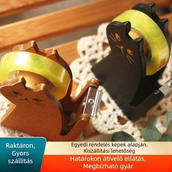 Macska alakú, fa szalagvágó nyomtatott logóval, 65 g, 20 mm széles szalagnak.