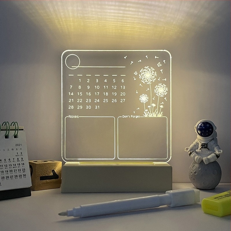 Műanyag négyzet alakú jegyzettábla fénylő naptárral, tolltartóval és törölhető fehér táblával