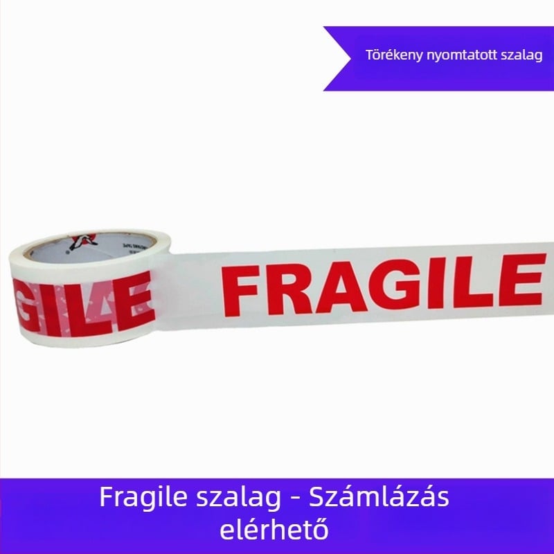Csomagoló szalag FRAGILE figyelmeztető felirattal, BOPP-film, 45 μm vastagság, víz alapú ragasztó, 66 m hosszú