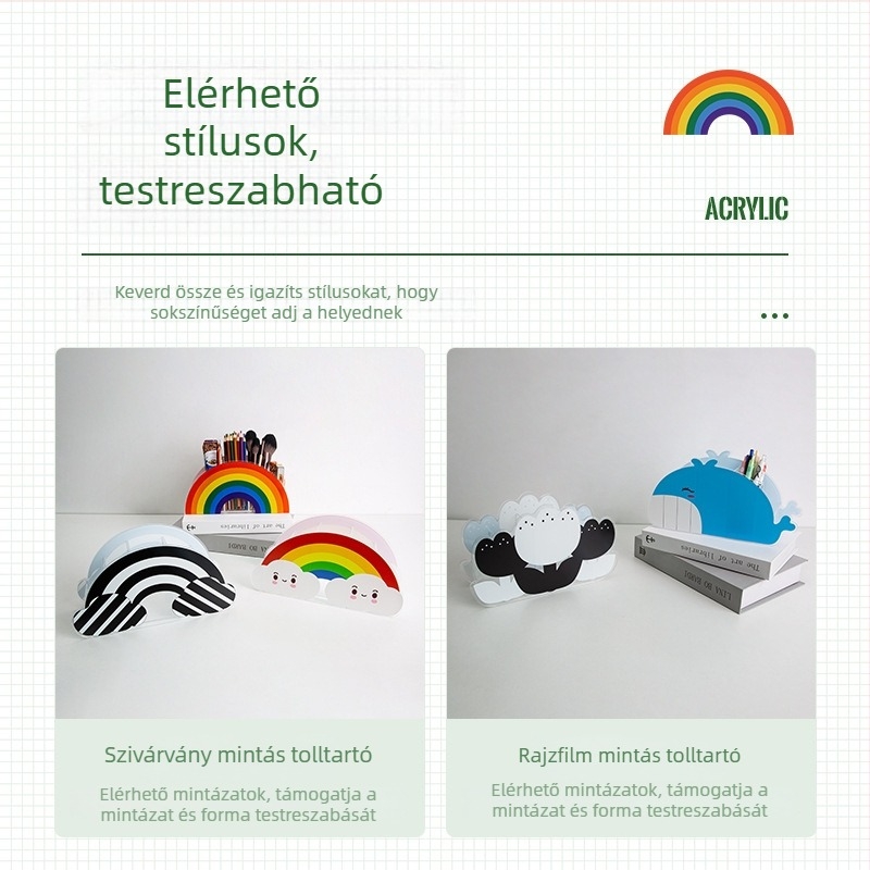 Íves akril tolltartó asztali rendezővel, rajzfilmszerű dizájnnal, modell BT-02, testreszabható logó, testreszabás elérhető, magáncímke elérhető