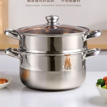 Két szintes párolóedény 201 rozsdamentes acélból, beépített párolókosárral, üvegfedél, többrétegű aljzattal, indukciós és gáztűzhelyhez kompatibilis