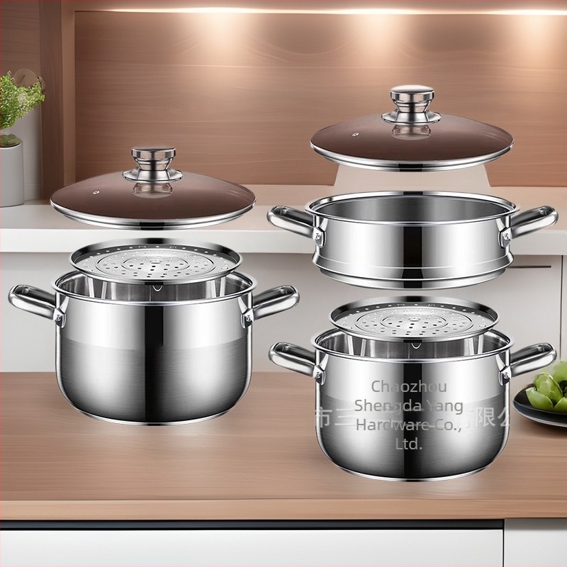 Két szintes párolóedény 201 rozsdamentes acélból, beépített párolókosárral, üvegfedél, többrétegű aljzattal, indukciós és gáztűzhelyhez kompatibilis