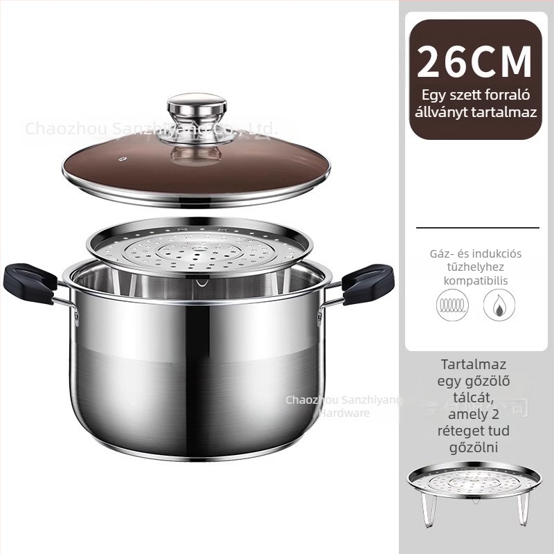 Két szintes párolóedény 201 rozsdamentes acélból, beépített párolókosárral, üvegfedél, többrétegű aljzattal, indukciós és gáztűzhelyhez kompatibilis