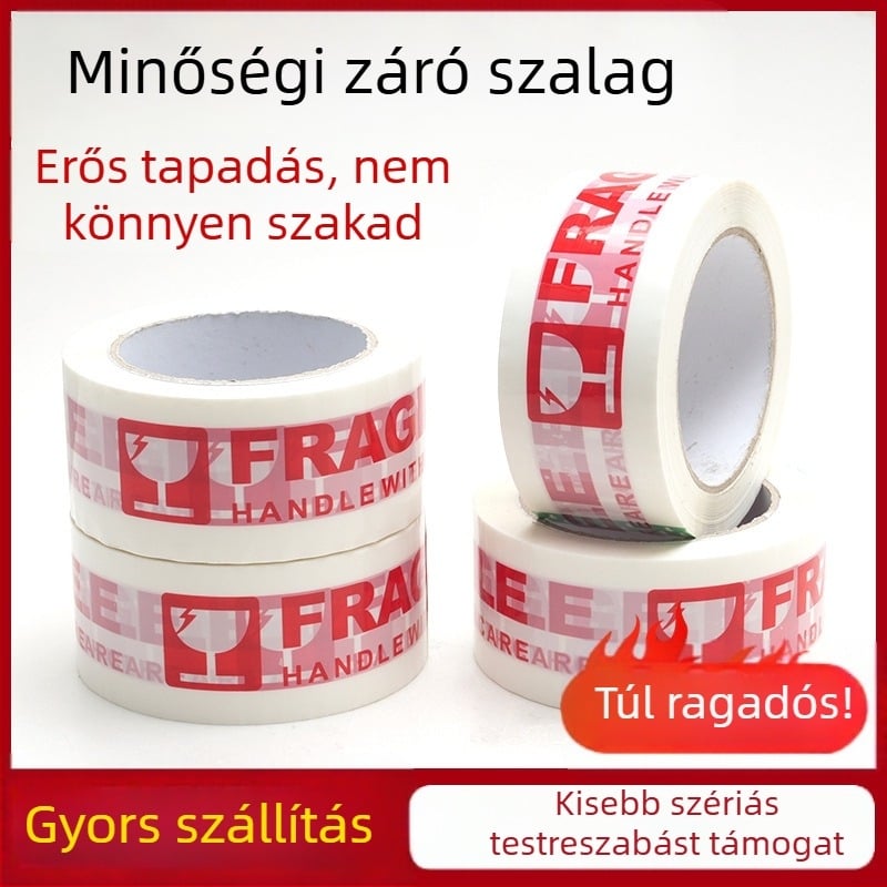 Csomagoló szalag törékeny figyelmeztetéssel, magas viszkozitású ragasztó, film vastagsága 50 μm, szélesség 50 mm, hossz 100 m