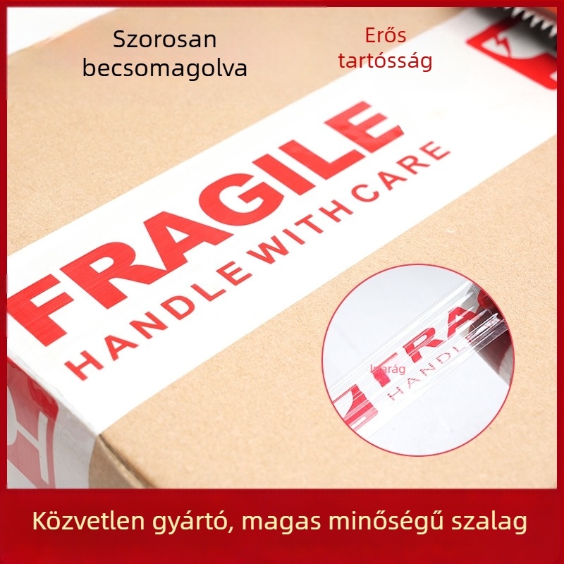 Csomagoló szalag törékeny figyelmeztetéssel, magas viszkozitású ragasztó, film vastagsága 50 μm, szélesség 50 mm, hossz 100 m