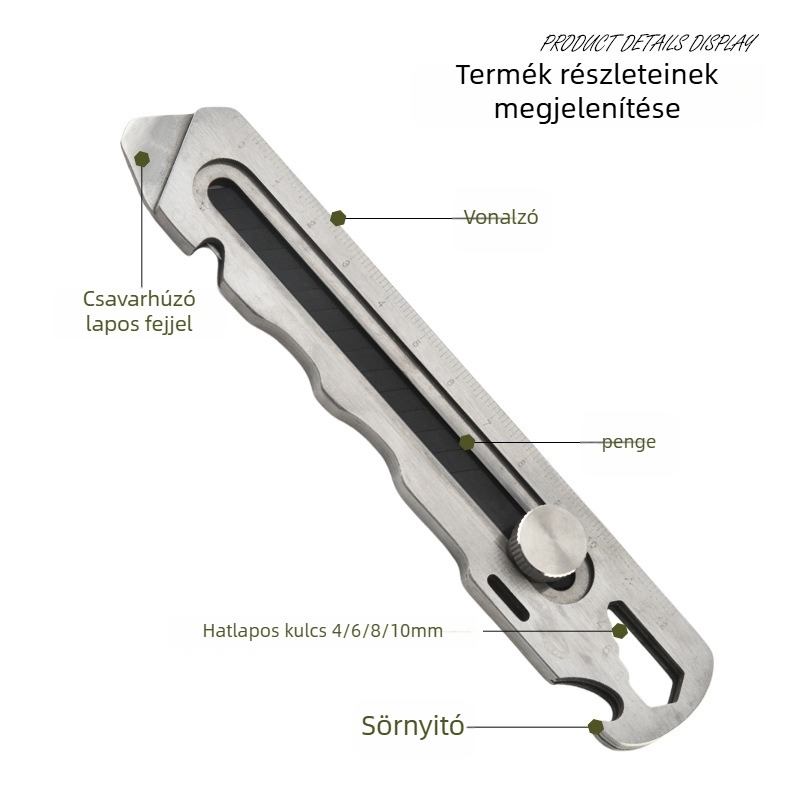 6-in-1 rozsdamentes acélból készült általános célú kés tapétákhoz és kábelhúzáshoz (pengéje: 15.3×2.7×0.5 mm; tömeg: 108 g; anyaga: rozsdamentes acél)