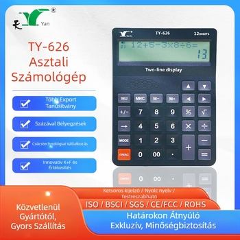 TY-626 asztali számológép kettős soros kijelzővel, 12 számjegy, angol hangfunkcióval, elemmel működik
