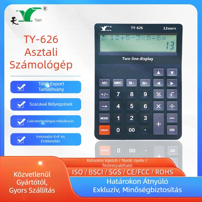 TY-626 asztali számológép kettős soros kijelzővel, 12 számjegy, angol hangfunkcióval, elemmel működik