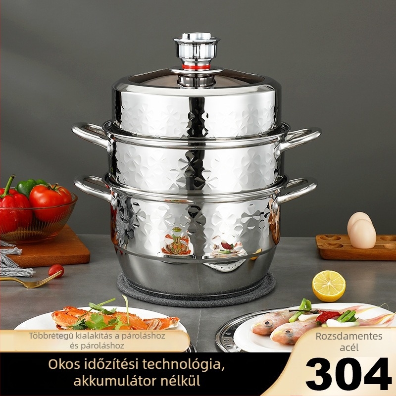 Háromrétegű párolóedény 304 rozsdamentes acélból, átlátszó fedővel – indukciós főzőfelülethez, többsíkú aljzat
