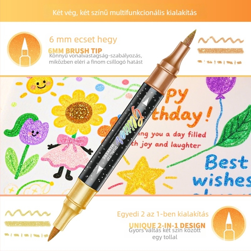 Kétoldalas, kétszínű glitter marker puha heggyel akvarellfestéshez