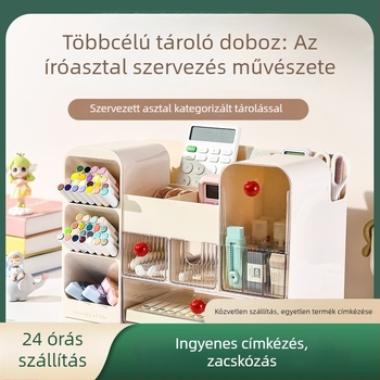 Fiókos asztali tároló doboz rekeszekkel – 18 L kapacitás, ABS+GPPS műanyag, többfunkciós asztali rendező