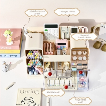 Fiókos asztali tároló doboz rekeszekkel – 18 L kapacitás, ABS+GPPS műanyag, többfunkciós asztali rendező