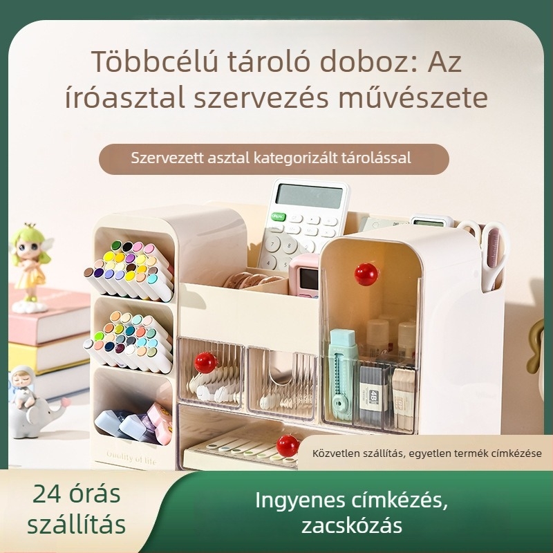 Fiókos asztali tároló doboz rekeszekkel – 18 L kapacitás, ABS+GPPS műanyag, többfunkciós asztali rendező