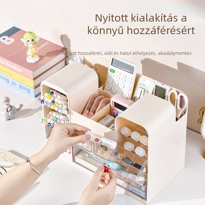 Fiókos asztali tároló doboz rekeszekkel – 18 L kapacitás, ABS+GPPS műanyag, többfunkciós asztali rendező