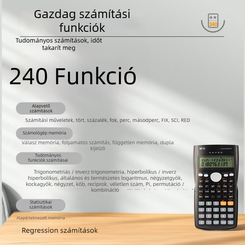 ADG98770K Tudományos számológép, többfunkciós, 12 számjegyű LCD kijelző, gombelemmel működik