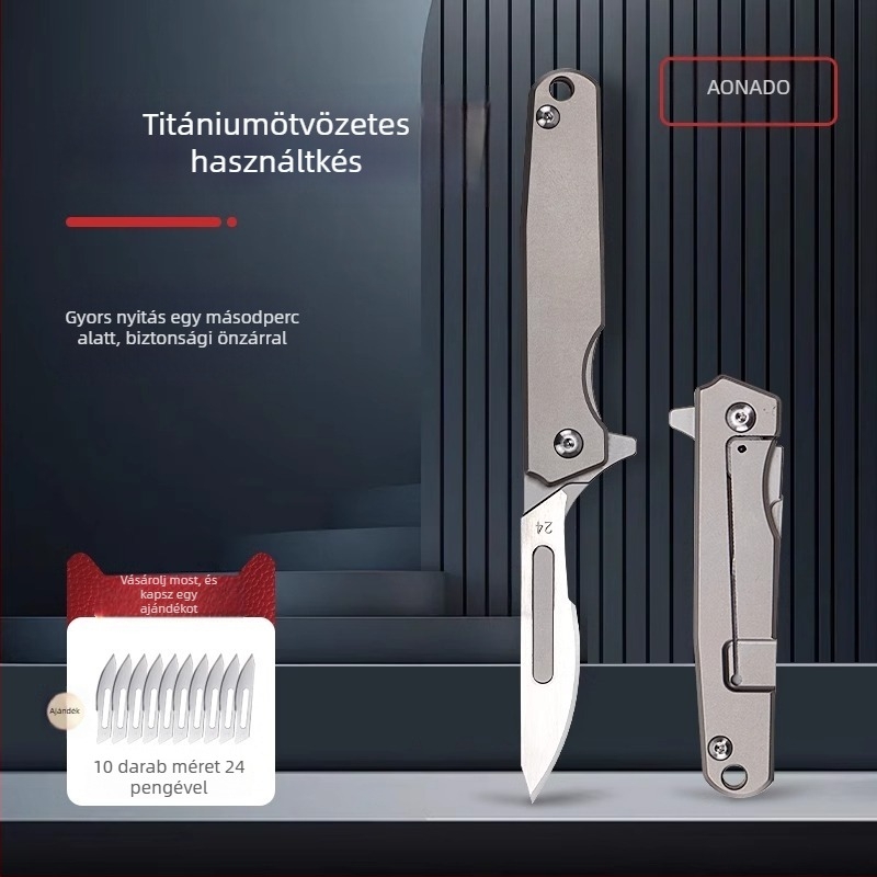 Titánium ötvözetből készült hajtogatható skalpel és doboznyitó, éles önvédelmi univerzális kés, hordozható mini kés, modell 09, 24-es penge