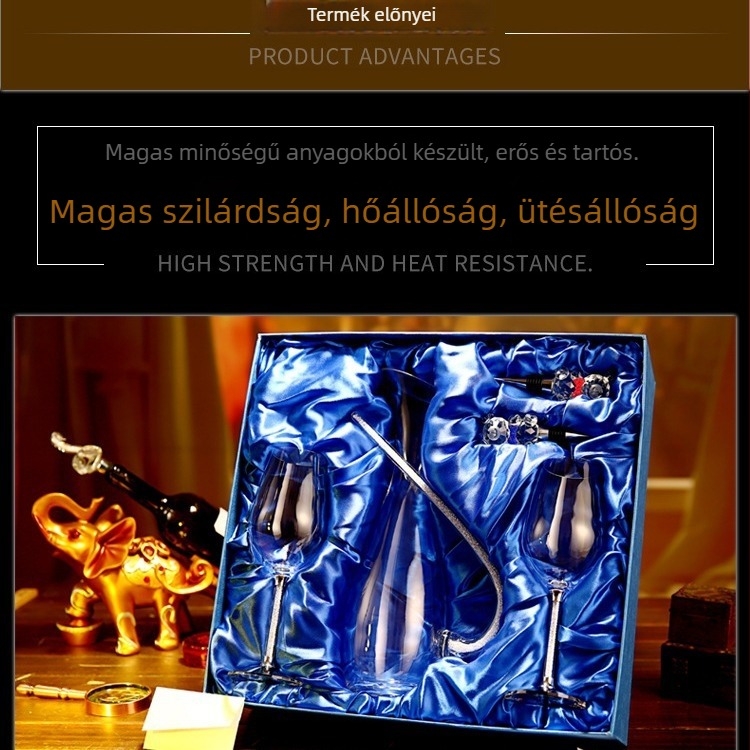 Borospohár és decanter készlet, öt darabból álló, üvegből készült, ajándékdobozos csomagolás