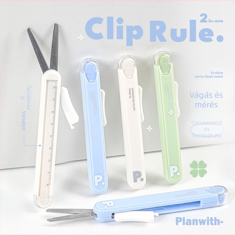 Hordozható diákok számára: többcélú vonalzó, olló és toló-nyomó kés (RosyPosy PW259X, 2Cr13/ABS/PP/akril, 28 g)