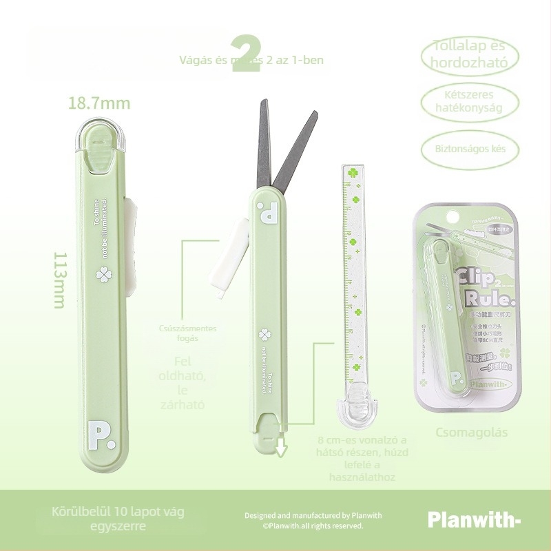 Hordozható diákok számára: többcélú vonalzó, olló és toló-nyomó kés (RosyPosy PW259X, 2Cr13/ABS/PP/akril, 28 g)