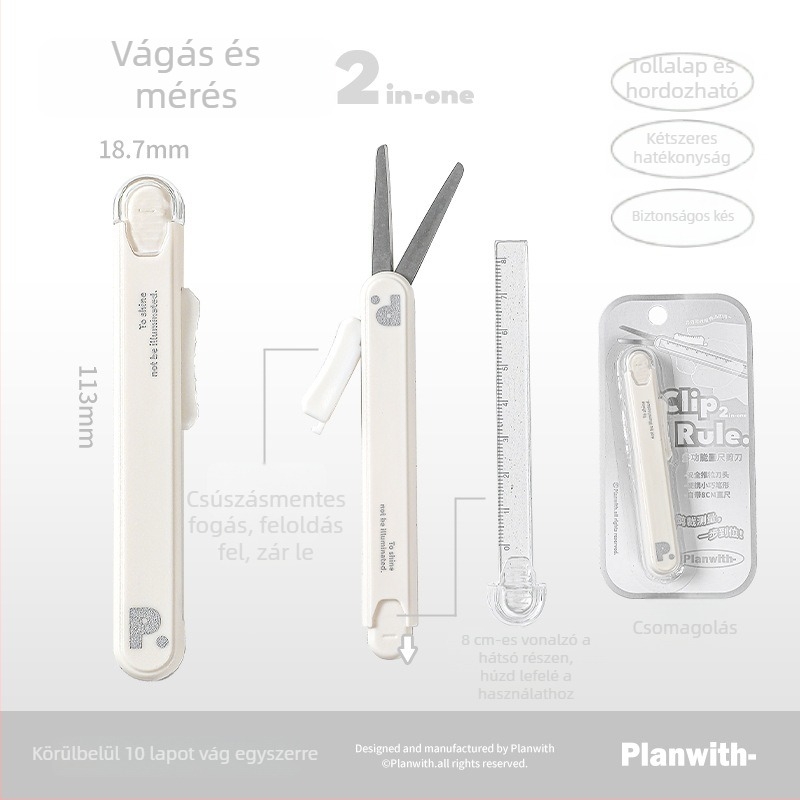 Hordozható diákok számára: többcélú vonalzó, olló és toló-nyomó kés (RosyPosy PW259X, 2Cr13/ABS/PP/akril, 28 g)
