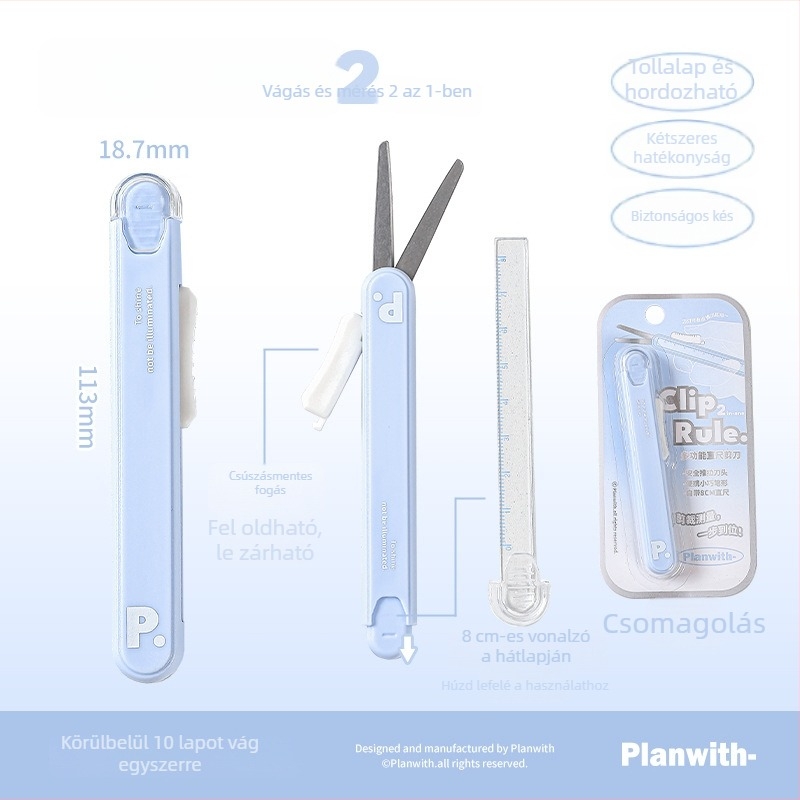 Hordozható diákok számára: többcélú vonalzó, olló és toló-nyomó kés (RosyPosy PW259X, 2Cr13/ABS/PP/akril, 28 g)