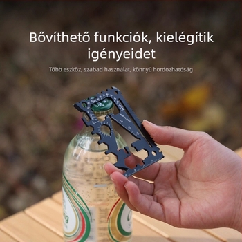 18 az 1-ben multifunkcionális EDC eszköz: üvegnyitó, konzervnyitó, csavarhúzó, kis kulcs és kártya formájú kés