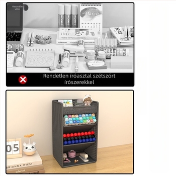 Asztali toll- és marker tartó, döntött betét, vasból készült 4 rétegű szervező