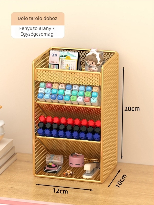 Asztali toll- és marker tartó, döntött betét, vasból készült 4 rétegű szervező