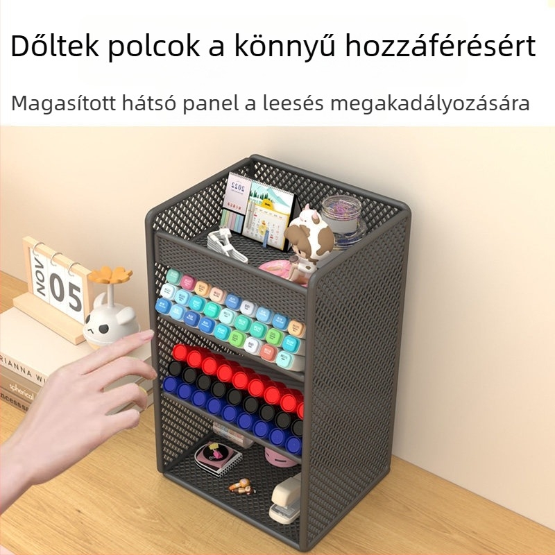 Asztali toll- és marker tartó, döntött betét, vasból készült 4 rétegű szervező