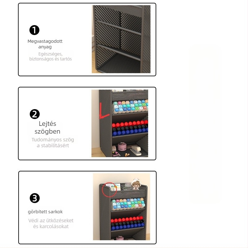 Asztali toll- és marker tartó, döntött betét, vasból készült 4 rétegű szervező