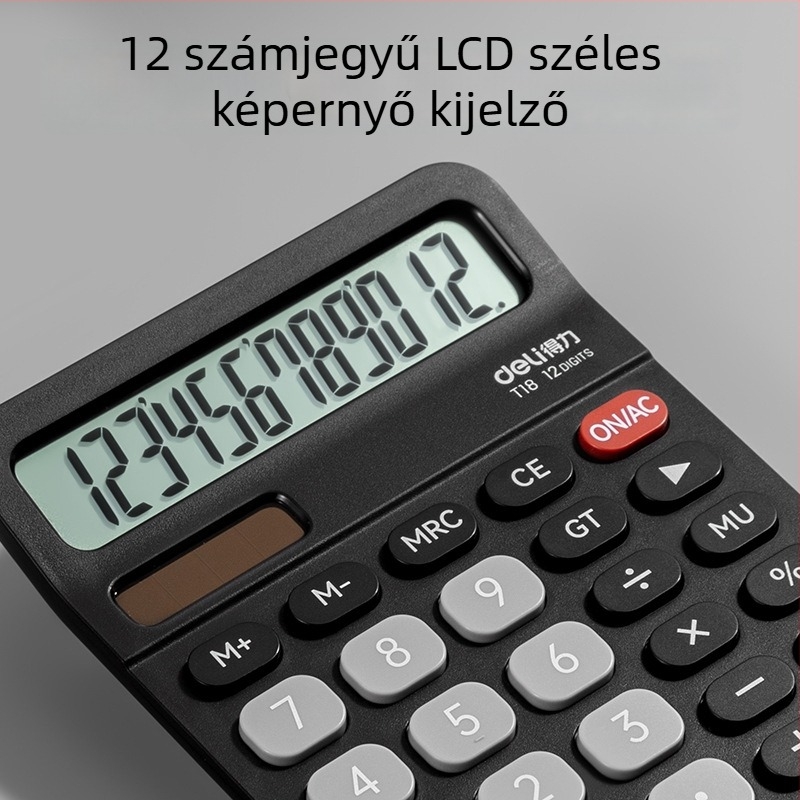 Deli kettős áramellátású számológép, nagy kijelzővel, 12 számjegyű, irodai és pénzügyi számításokhoz