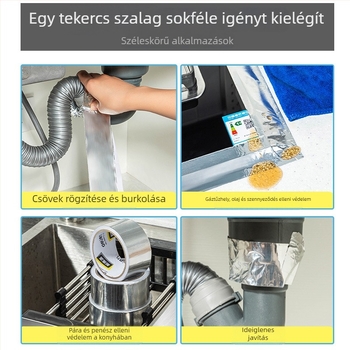 Deli alumíniumfóliás szalag, vastagított kivitel, magas hőmérséklet-ellenállás, tömítéshez és szivárgás javítására konyhai elszívóhoz és melegvíz-vezetékekhez, 100 μm vastagság