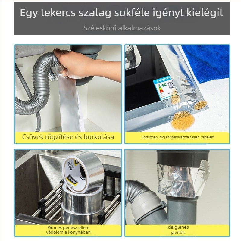 Deli alumíniumfóliás szalag, vastagított kivitel, magas hőmérséklet-ellenállás, tömítéshez és szivárgás javítására konyhai elszívóhoz és melegvíz-vezetékekhez, 100 μm vastagság