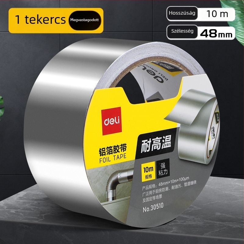 Deli alumíniumfóliás szalag, vastagított kivitel, magas hőmérséklet-ellenállás, tömítéshez és szivárgás javítására konyhai elszívóhoz és melegvíz-vezetékekhez, 100 μm vastagság