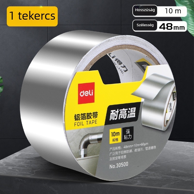 Deli alumíniumfóliás szalag, vastagított kivitel, magas hőmérséklet-ellenállás, tömítéshez és szivárgás javítására konyhai elszívóhoz és melegvíz-vezetékekhez, 100 μm vastagság